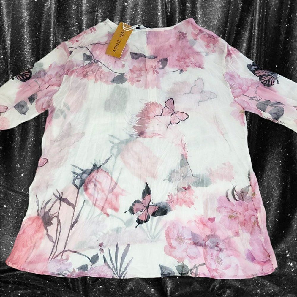 Sheer white pink floral butterfly adjustable sleeves top NWT - Picture 2 of 5